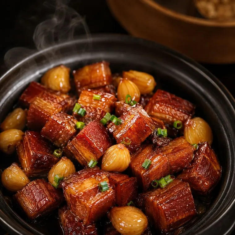 Braised pork belly with quail eggs in a dark pot