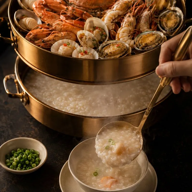 Congee ladled into a bowl from the base of the steam pot