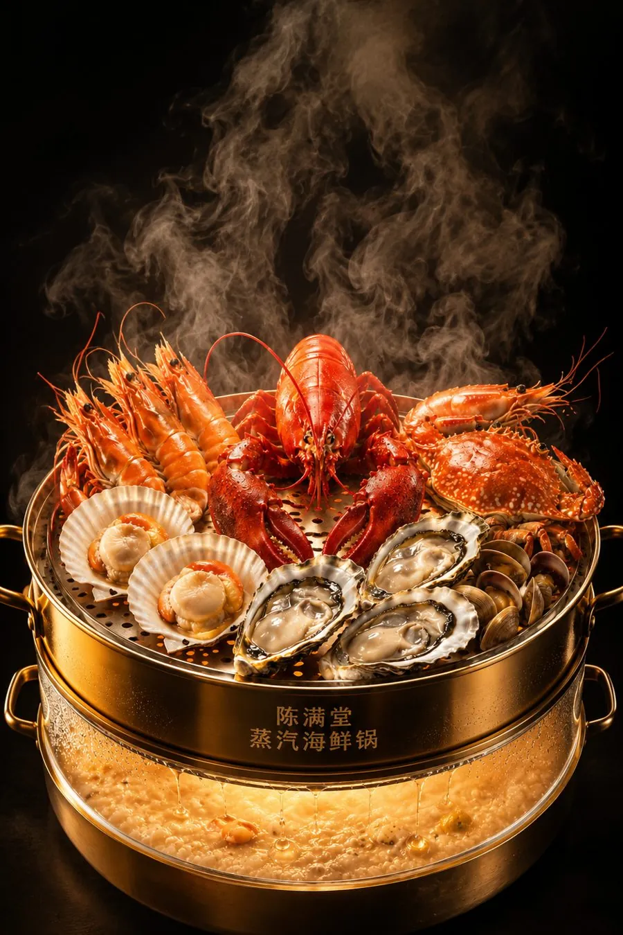 A brass steam pot of seafood with steam rising, congee in the base