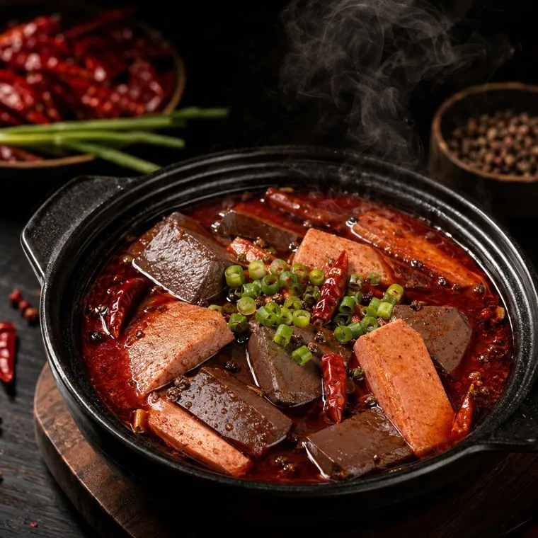 Mala pig's blood curd with luncheon meat in red chilli broth