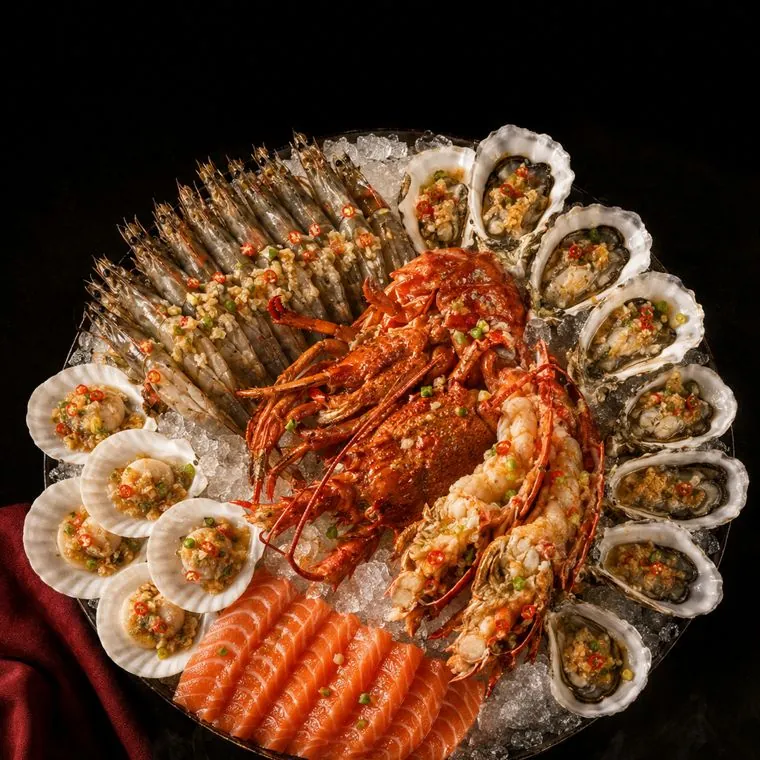 Marinated seafood platter with lobster, oysters and prawns on ice