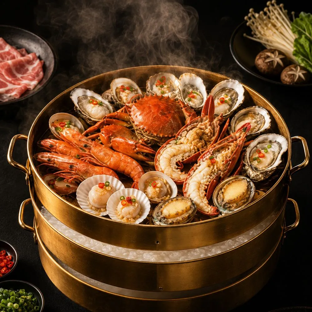 Signature steam pot filled with crab, prawns, oysters, scallops and abalone