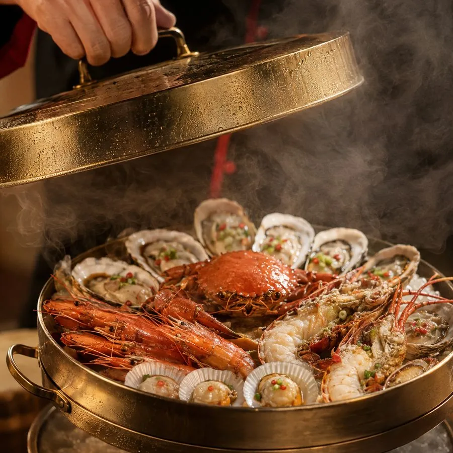 The brass lid lifted off a steam pot of crab, prawns, oysters and scallops